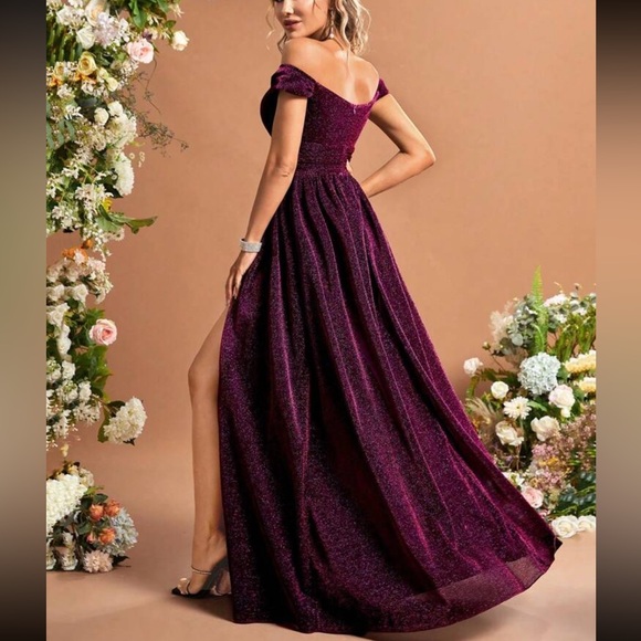 Luxe purple off shoulder glitter party formal evening gown dress - Picture 8 of 11